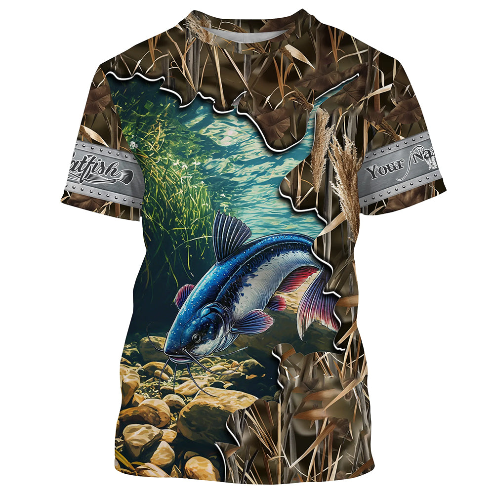 Catfish fishing Camo Customize Name All-over Print Unisex fishing T-shirt NPQ104