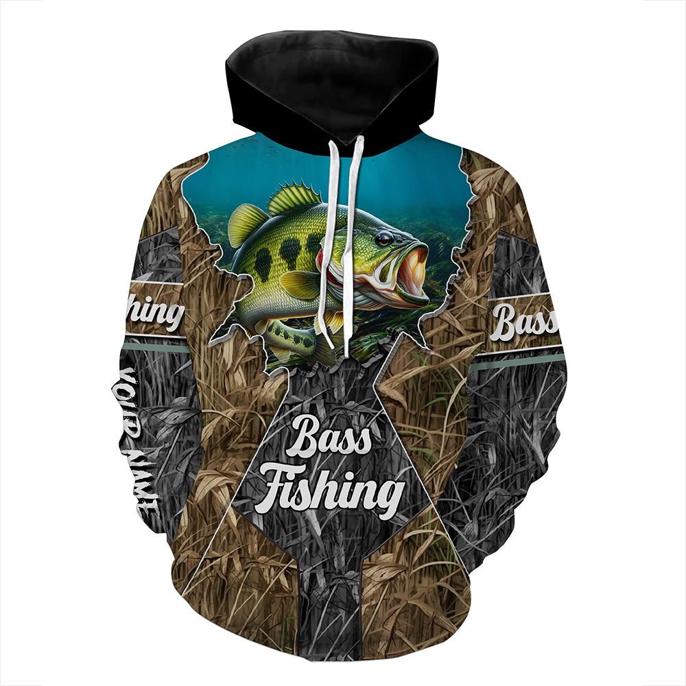 Largemouth Bass fishing camo 3D hoodie Customize name fishing apparel NPQ87