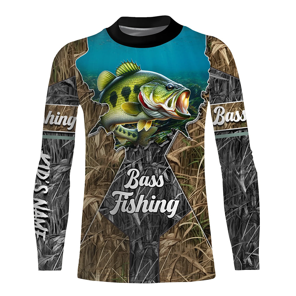 Largemouth Bass fishing camo Customize UV protection long sleeves fishing shirt for kid NPQ87