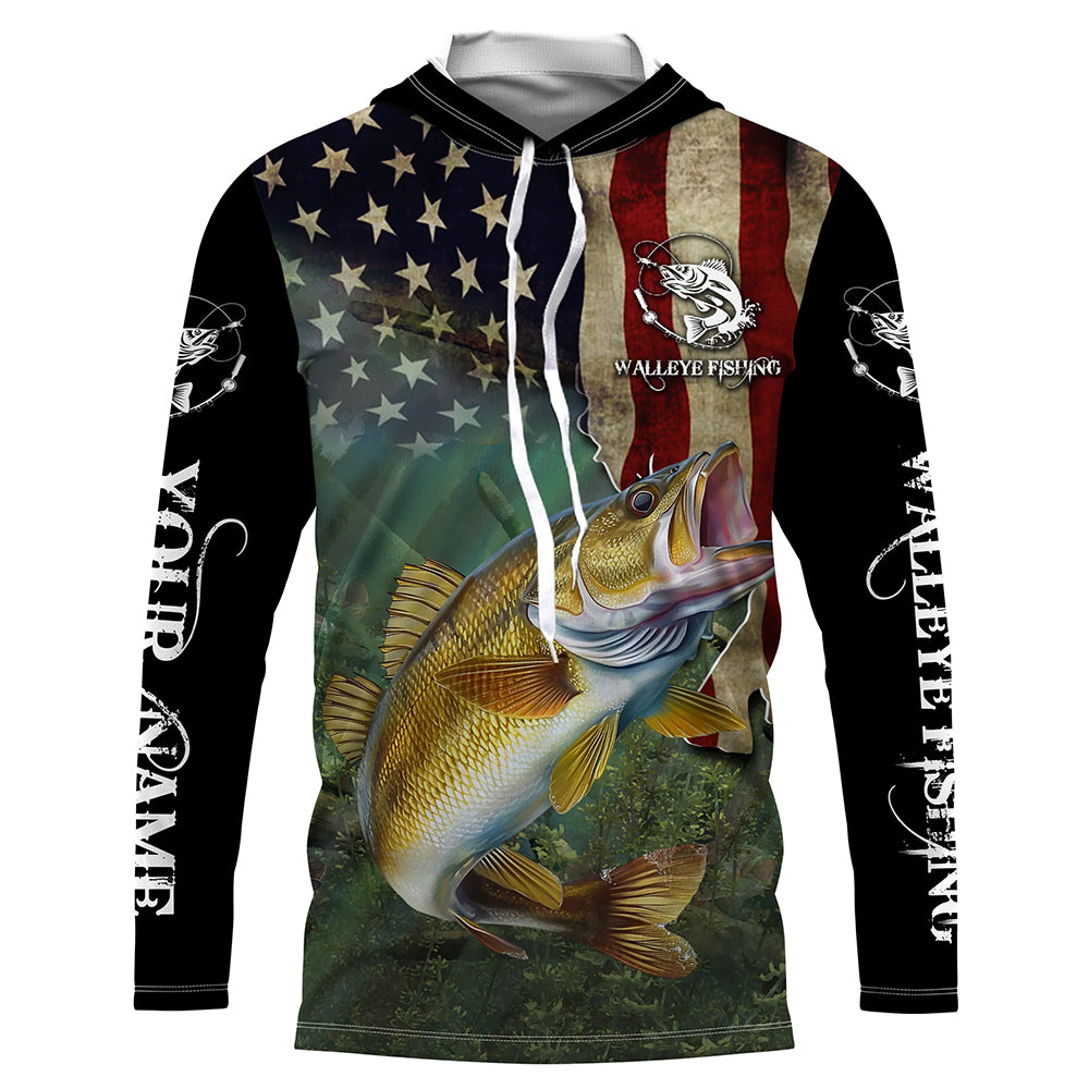 Walleye Fishing 3D American Flag Patriotic Customize name UV protection long sleeve fishing shirts NPQ302