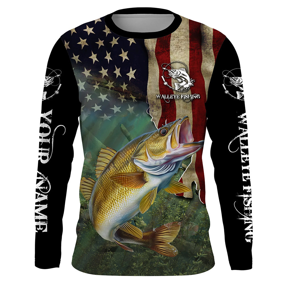 Walleye Fishing 3D American Flag Patriotic Customize name UV protection long sleeve fishing shirts NPQ302