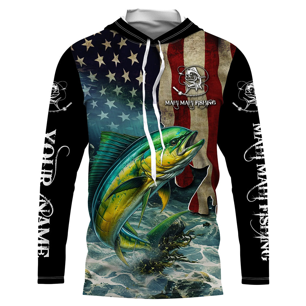 Mahi Mahi ( Dorado) Fishing American Flag Customize Name UV protection long sleeves fishing shirts NPQ22