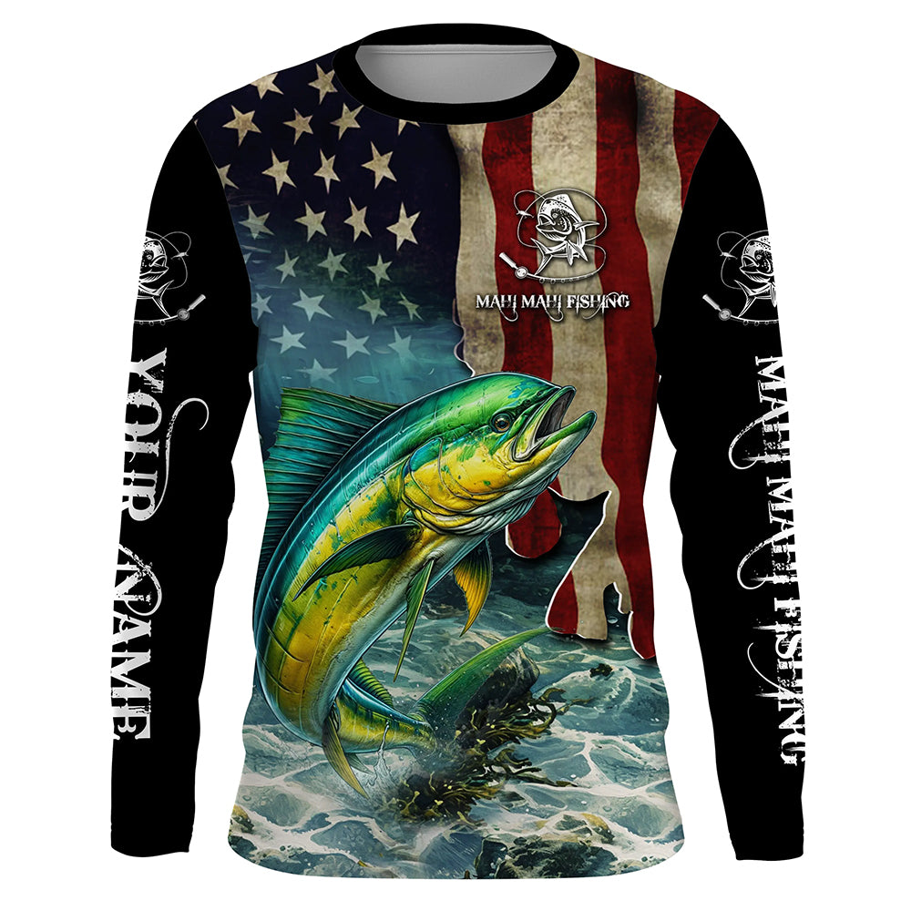 Mahi Mahi ( Dorado) Fishing American Flag Customize Name UV protection long sleeves fishing shirts NPQ22