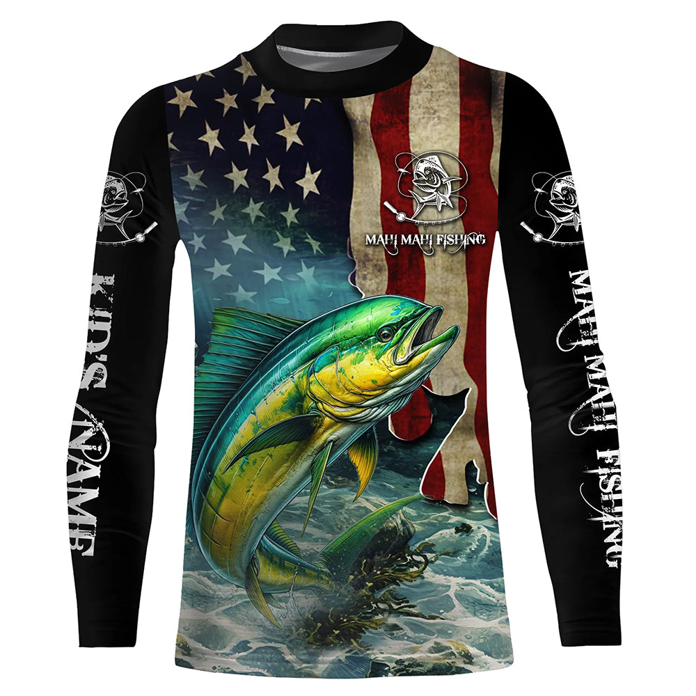 Mahi Mahi Fishing American Flag patriotic Customize UV protection long sleeves fishing shirt for kid NPQ22