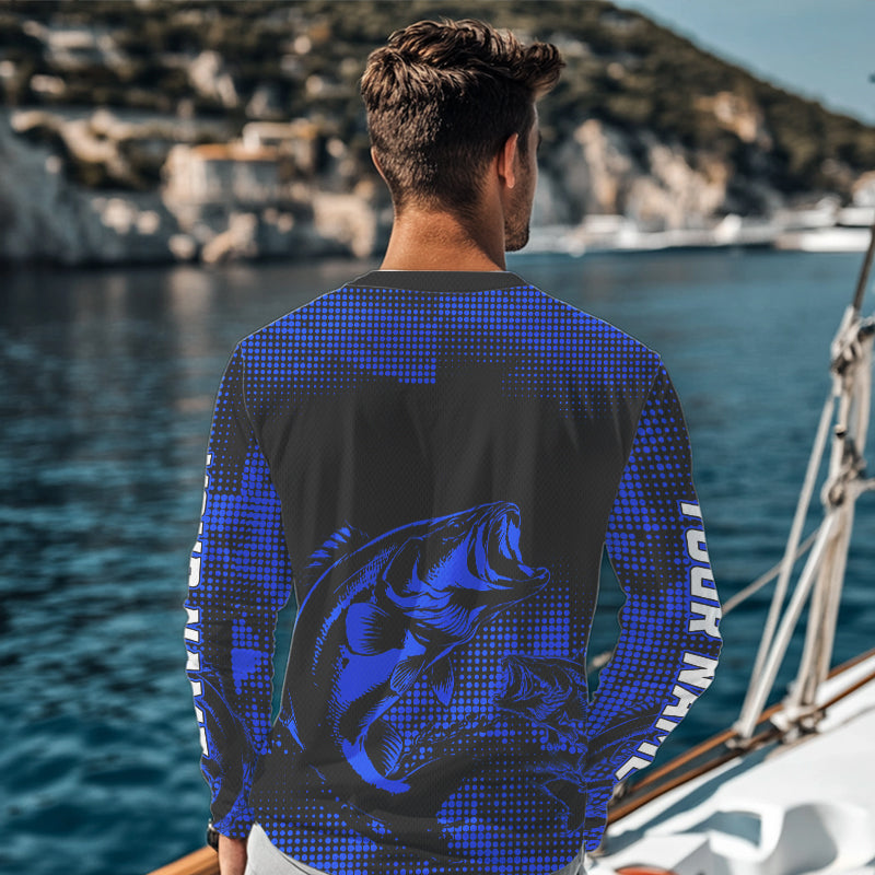 Largemouth Bass fishing jersey Custom UV protection Long sleeve bass fishing tournament shirts | Blue NQS9395