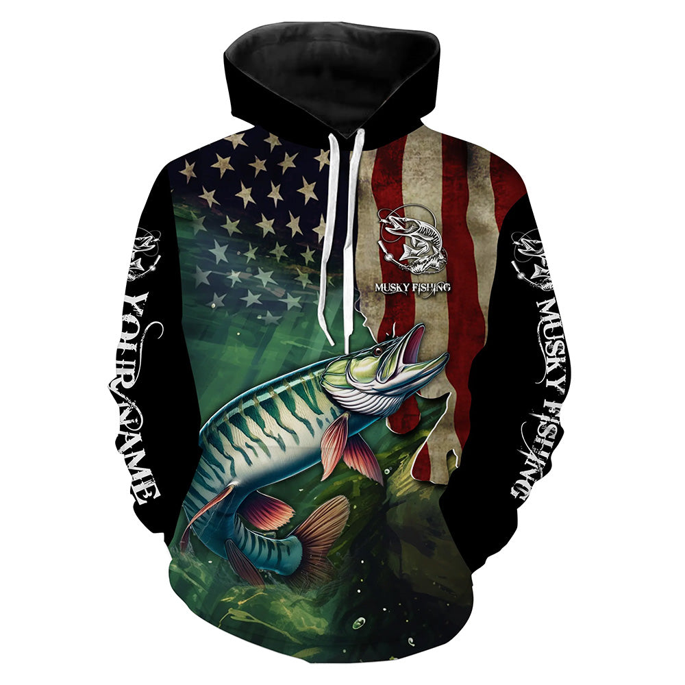 Musky ( Muskie) Fishing American Flag Patriotic Customize name fishing hoodie, Fishing gifts NPQ260