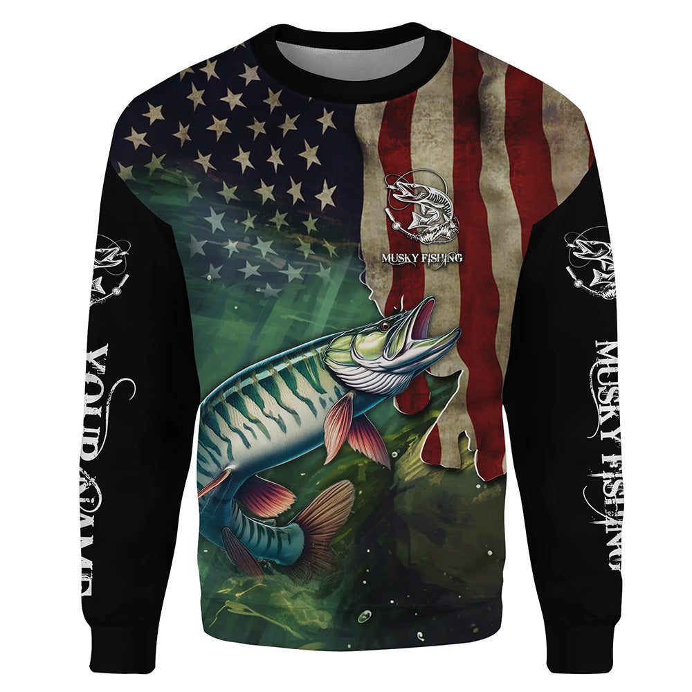 Musky (Muskie) Fishing American Flag Patriotic Customize name Sweatshirt, Fishing gift NPQ260