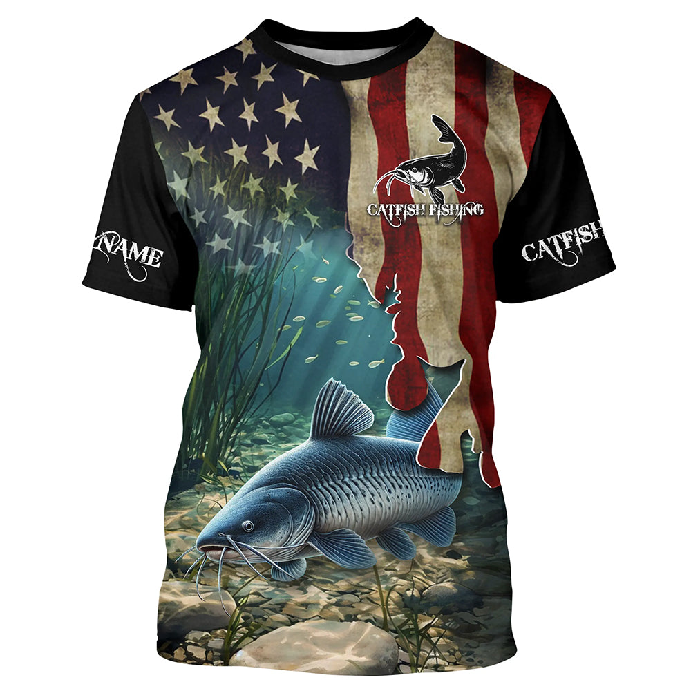 Catfish Fishing 3D American Flag Patriotic Customize Name fishing T-shirt NQS484