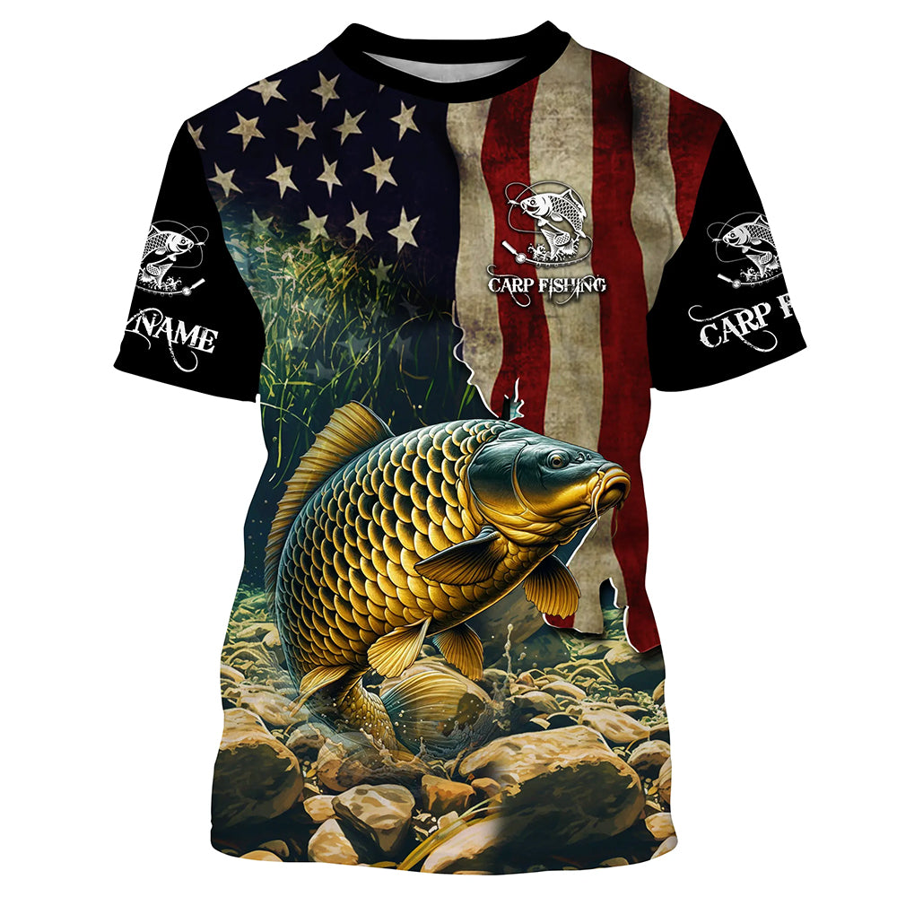 Carp Fishing 3D American Flag Patriotic Customize Name All-over Print fishing T-shirt NPQ101