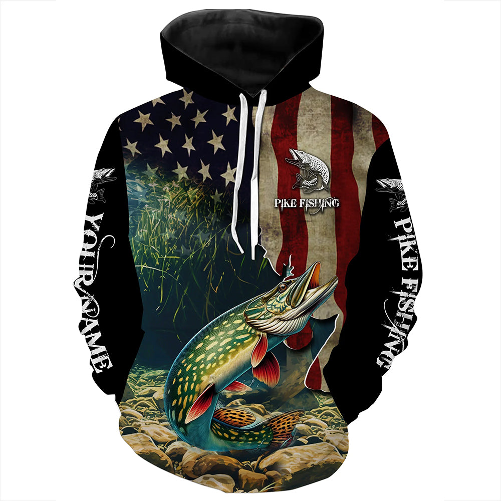 Northern Pike fishing American Flag Custom Name Patriotic Fishing Hoodie Gift For Fisherman NQS500