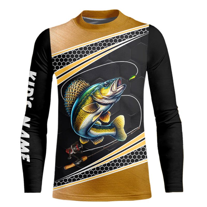 Walleye fishing fish reaper fishing line black Custom name fishing jerseys | Kid Long Sleeves NPQ783