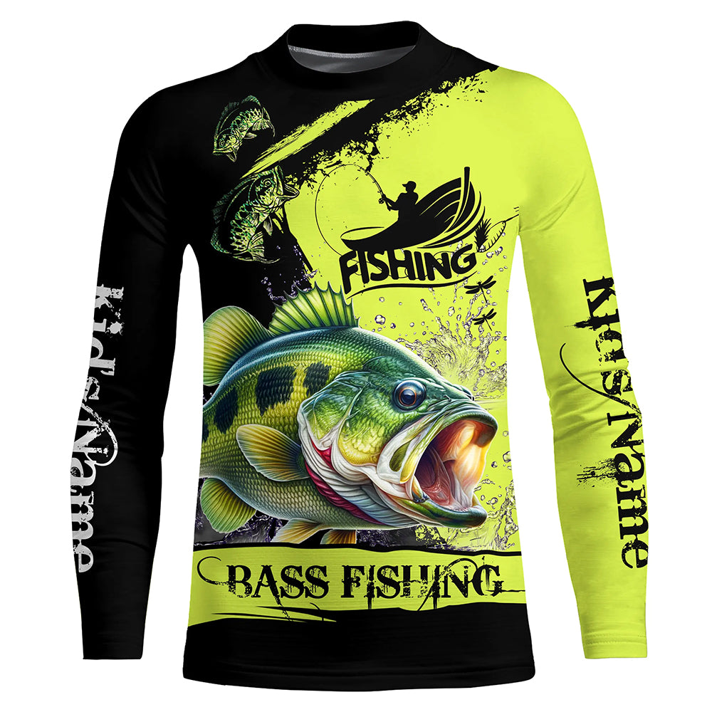 Largemouth Bass fishing black and green Custom name fishing jerseys | Kid Long Sleeves NPQ861