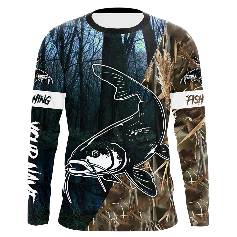 Catfish Fishing blue lake Camo Customize Name UV protection long sleeves fishing shirt for men NPQ110