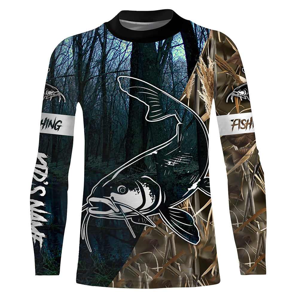 Catfish Fishing blue lake Camo Customize long sleeves fishing shirt for kid NPQ110