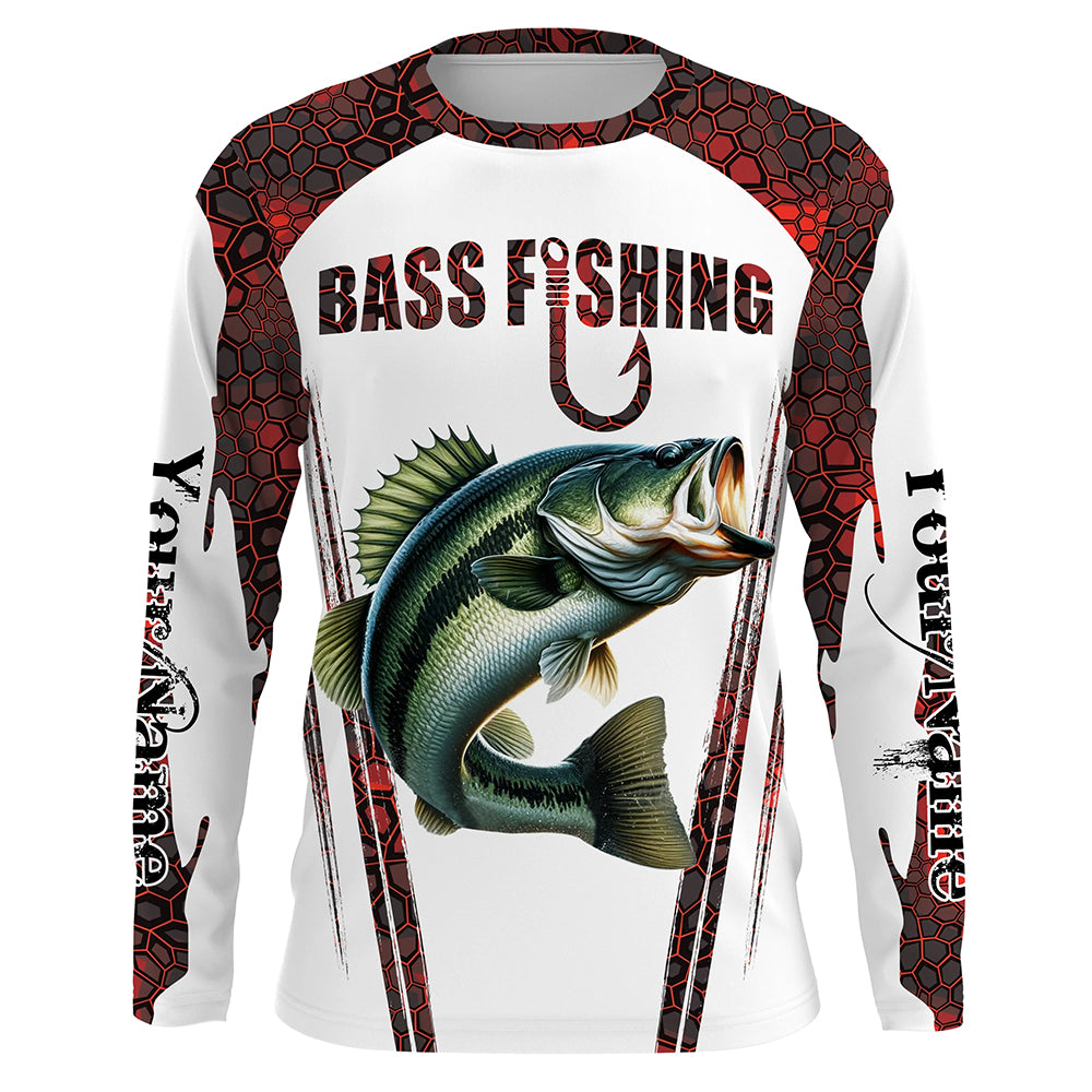 Bass fishing red camo Custom Name Funny Long sleeve fishing shirts, Bass fishing jersey NQS5111