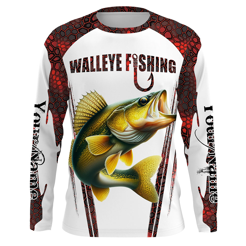 Walleye fishing red camo Custom Funny UV Protection Long sleeve Fishing shirts for men NQS5128