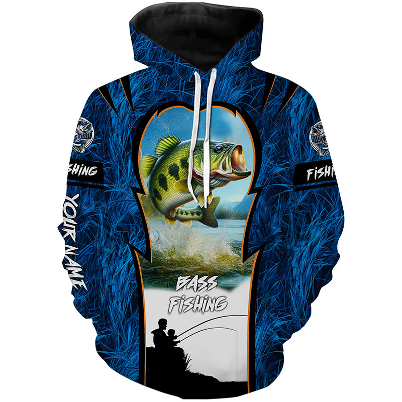 Largemouth Bass Fishing Blue Camo Customize name 3D All Over Printed fishing hoodie NPQ90