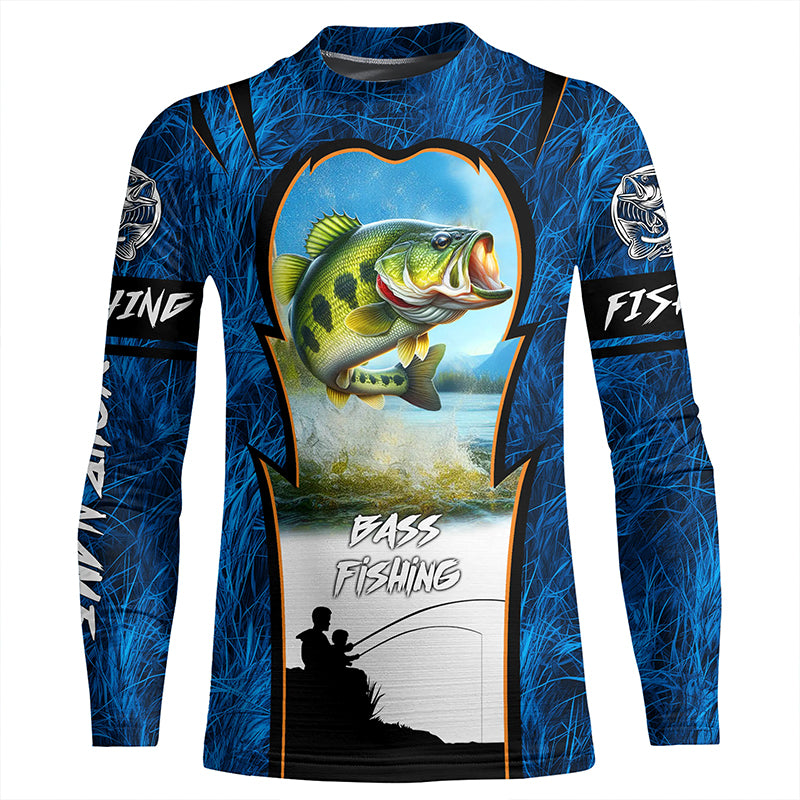 Bass Fishing Blue Camo Customize Name UV protection long sleeves fishing shirt for kid NPQ90