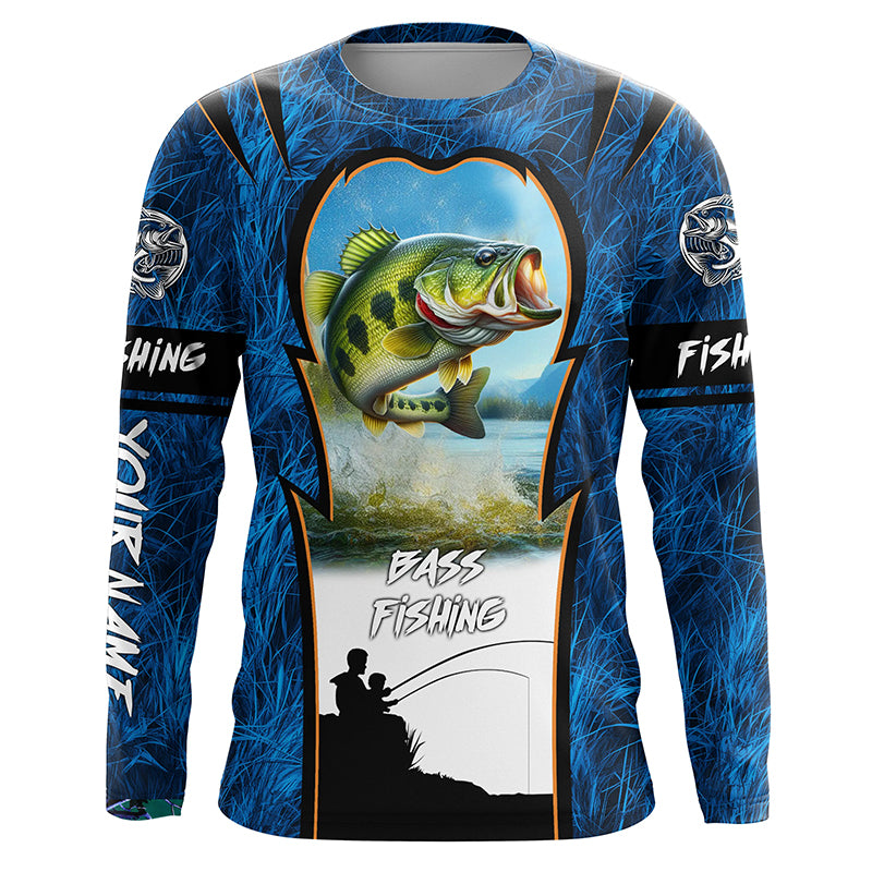 Bass Fishing Blue Camo Customize Name UV protection long sleeves fishing shirt for men NPQ90