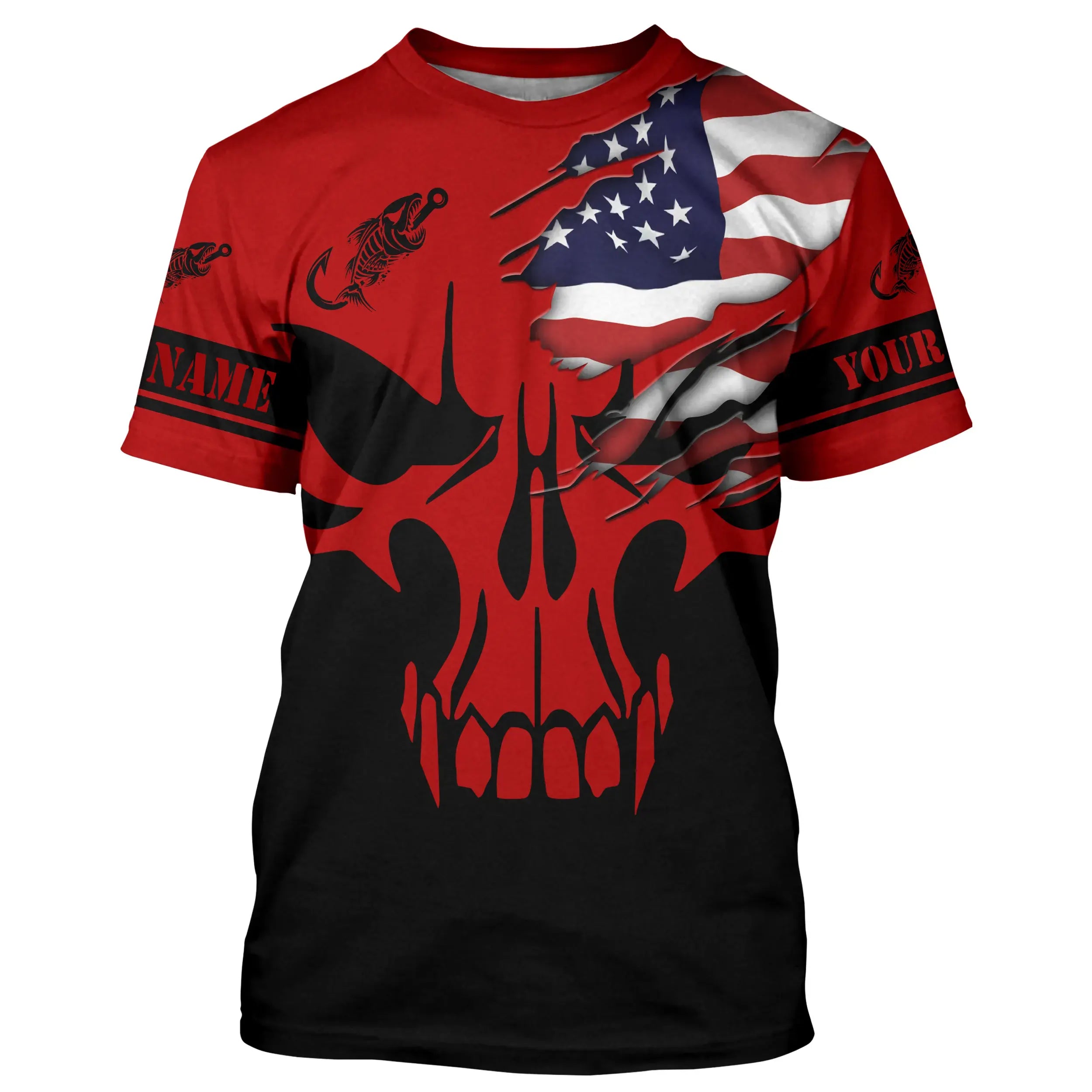 Custom American flag fishing fish reaper skull red and black Fishing Jerseys, fishing T-shirt NQS4836