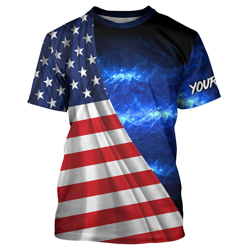 American Flag Universe patriotic Custom name blue galaxy UV protection Fishing T-shirt NQS5409