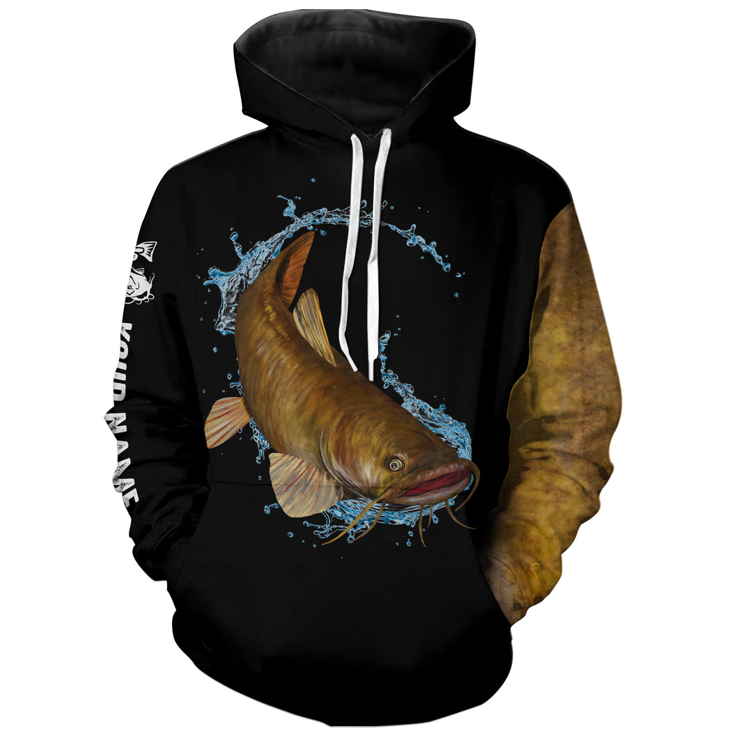 Flathead Catfish Fishing black shirt Customize name 3D fishing hoodie, personalized fishing gift ideas NPQ244