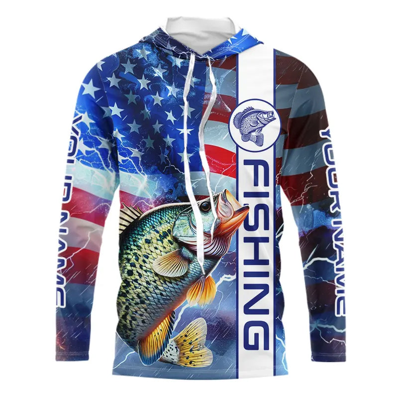 American flag Crappie lightning Long Sleeve Fishing Shirts custom Patriotic Crappie fishing jerseys NQS9472