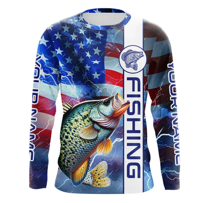 American flag Crappie lightning Long Sleeve Fishing Shirts custom Patriotic Crappie fishing jerseys NQS9472