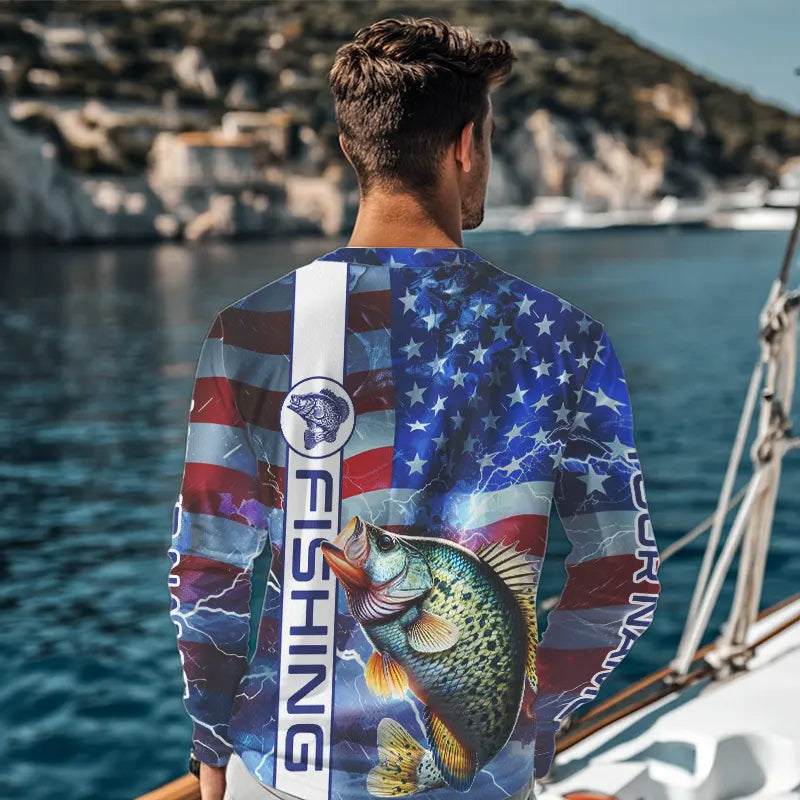 American flag Crappie lightning Long Sleeve Fishing Shirts custom Patriotic Crappie fishing jerseys NQS9472