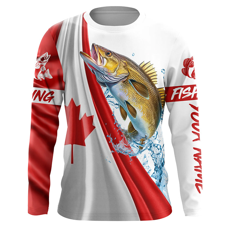 Canadian flag patriotic Walleye fishing Custom Name 3D long sleeve fishing shirts NQS5171