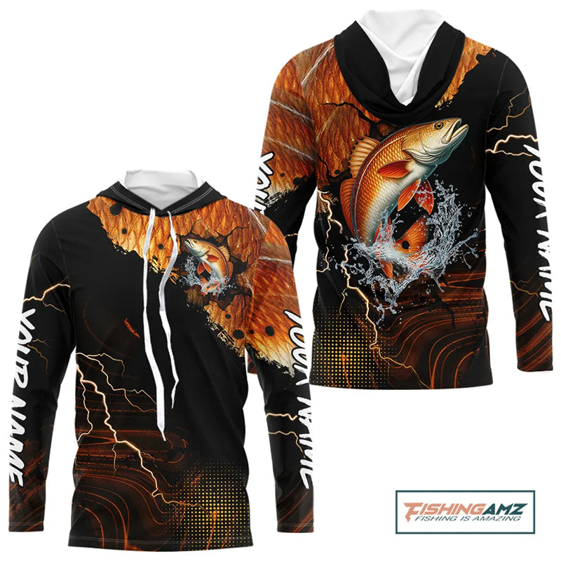 Personalized Redfish Fishing jerseys, Redfish scales lightning thunder Long Sleeve fishing shirts NQS11225