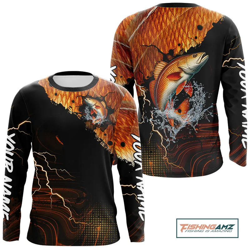 Personalized Redfish Fishing jerseys, Redfish scales lightning thunder Long Sleeve fishing shirts NQS11225