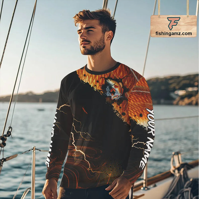 Personalized Redfish Fishing jerseys, Redfish scales lightning thunder Long Sleeve fishing shirts NQS11225