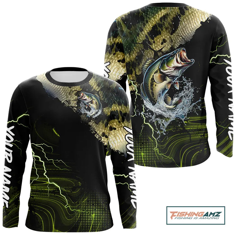 Personalized Largemouth bass Fishing jerseys, Bass scales lightning thunder Long Sleeve fishing shirt NQS11226