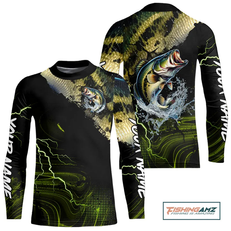 Personalized Largemouth bass Fishing jerseys scales lightning thunder Kid Long Sleeve fishing Shirts NQS11226