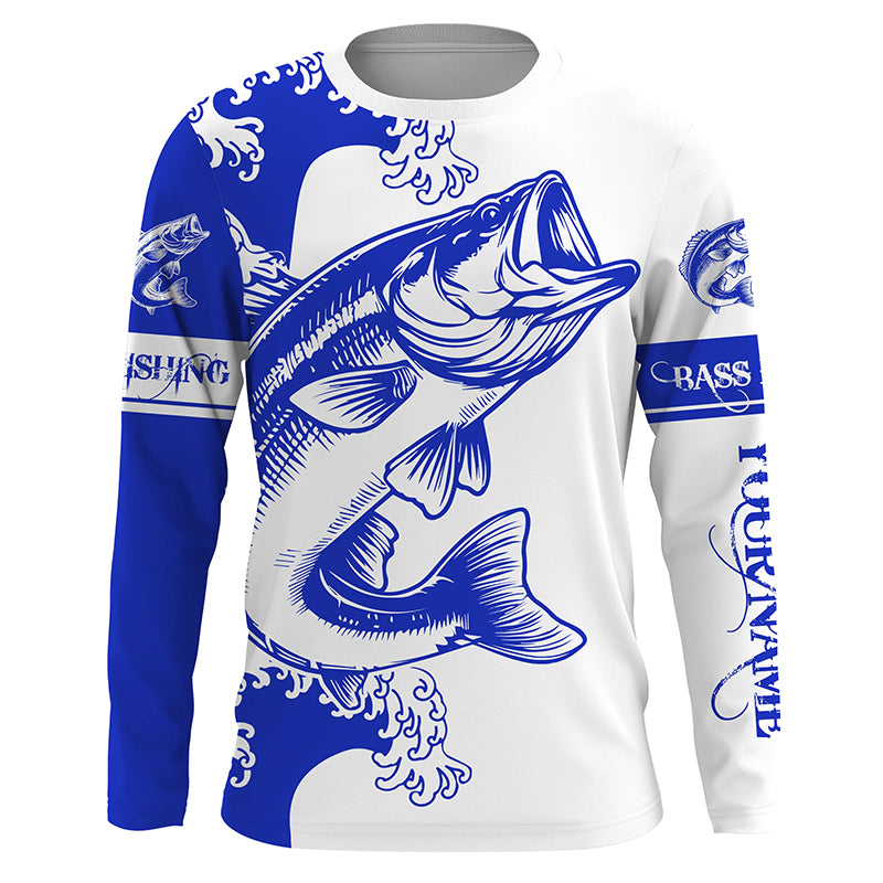 Largemouth bass fishing tattoo blue Custom name Bass Long sleeve fishing shirts, Long Sleeve Hooded NPQ884