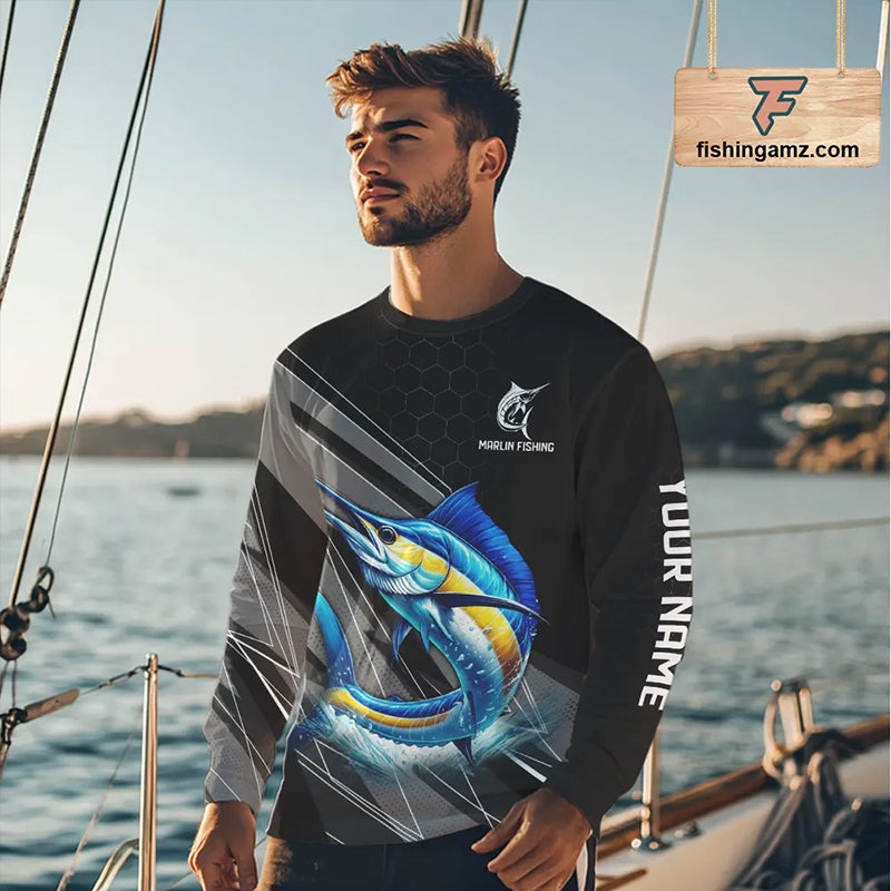 Personalized Black camo Marlin Fishing Jerseys, Marlin Long Sleeve Fishing Tournament Shirts NQS11035