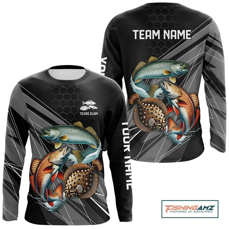 Personalized Black camo Inshore Slam Redfish, Trout, Flounder Fishing Long Sleeve Tournament Shirt NQS11036