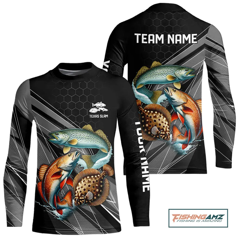 Personalized Black camo Inshore Slam Redfish, Trout, Flounder Fishing Kid Long Sleeve Fishing Shirts NQS11036