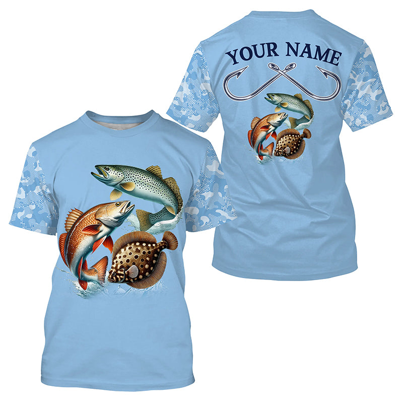 Texas slam redfish, speckled trout, flounder Texas fishing blue camo Custom fishing T-shirt NPQ460