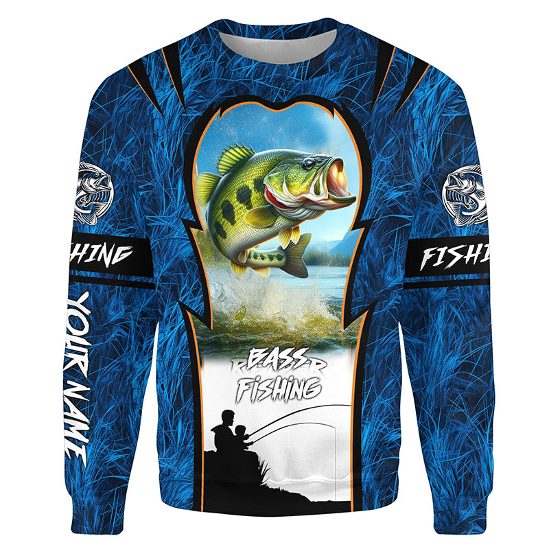 Largemouth Bass Fishing Blue Camo fish on Customize name All-over Print Sweatshirt NPQ90