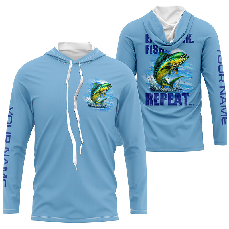 Mahi mahi (Dorado) Fishing Custom Long Sleeve Performance Fishing shirts Eat Drink Fish Repeat | Blue NQS6610