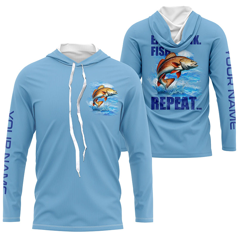 Redfish puppy drum Fishing Custom Long Sleeve Performance Fishing shirts Eat Drink Fish Repeat | Blue NQS6612