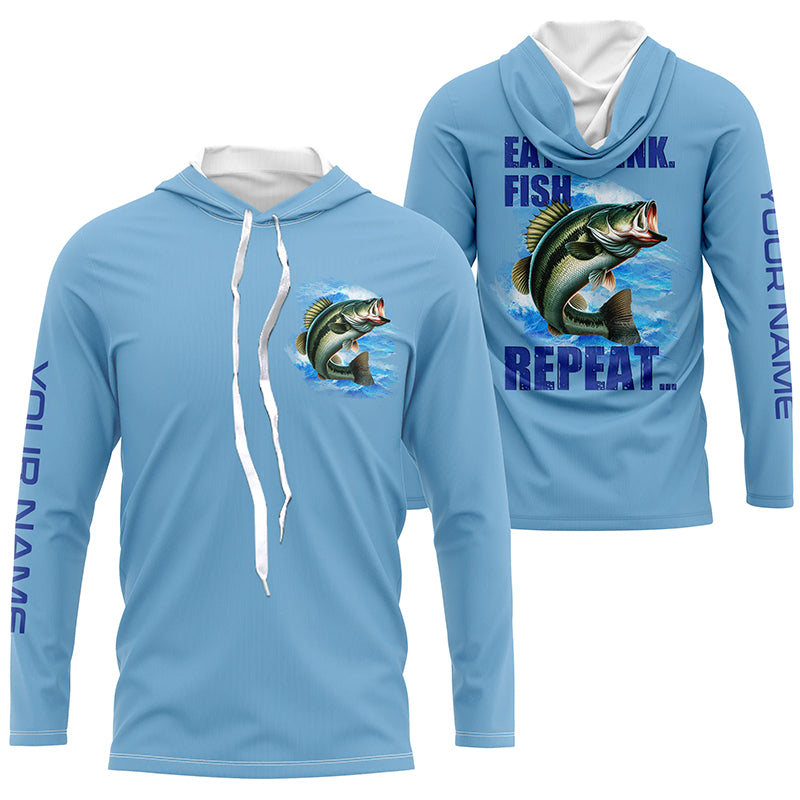 Largemouth Bass Fishing Custom Long Sleeve Performance Fishing shirts Eat Drink Fish Repeat | Blue NQS6613