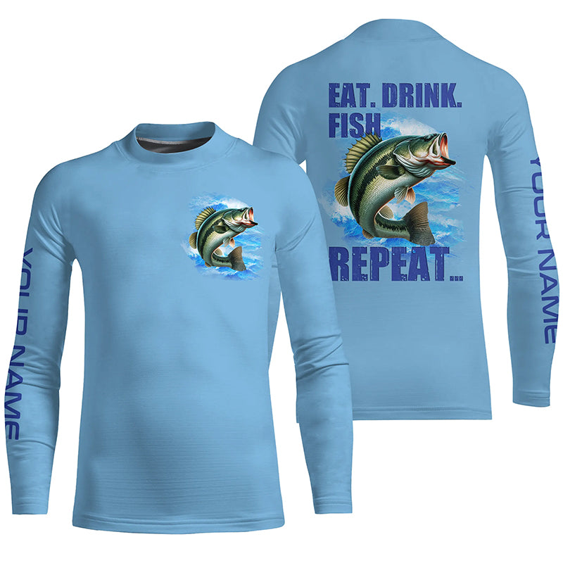 Largemouth Bass Fishing Custom Long Sleeve Fishing shirts for Kid Eat Drink Fish Repeat | Blue NQS6613