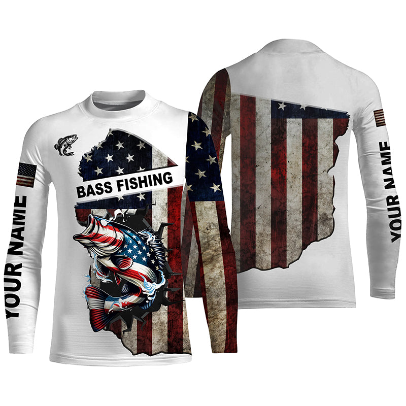 American flag largemouth Bass patriotic fishing Custom name long sleeves fishing shirt for kid NPQ6