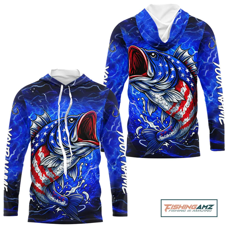 Blue American Flag Largemouth Bass Fishing shirts long sleeve Custom patriotic fishing apparel NQS11060