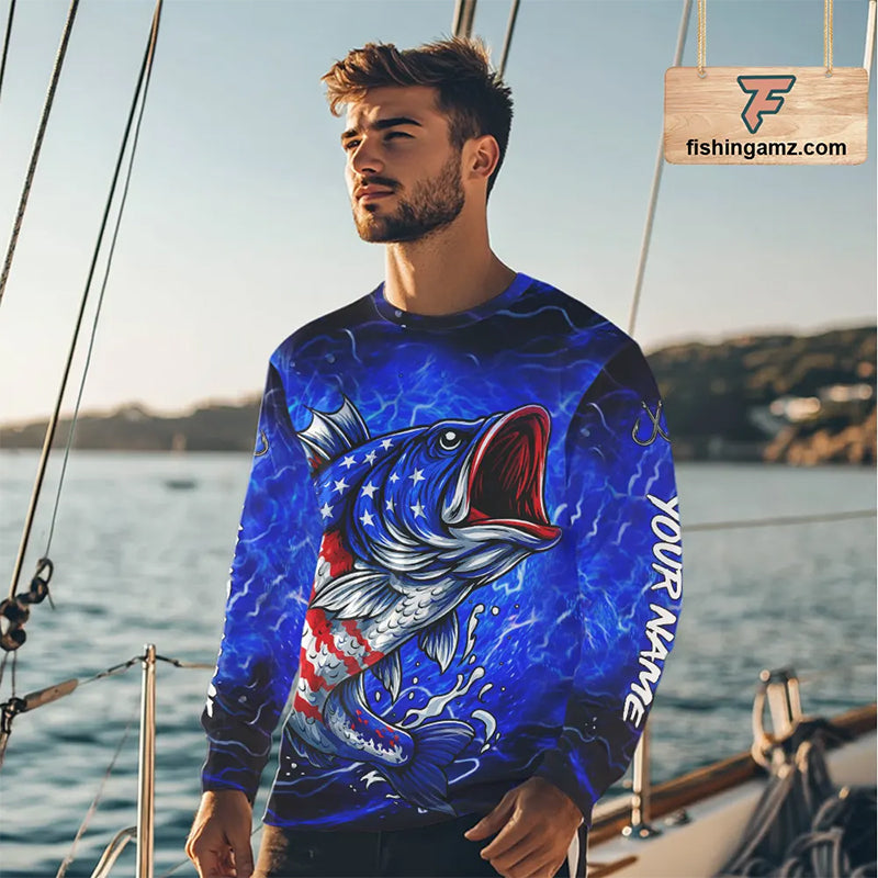 Blue American Flag Largemouth Bass Fishing shirts long sleeve Custom patriotic fishing apparel NQS11060