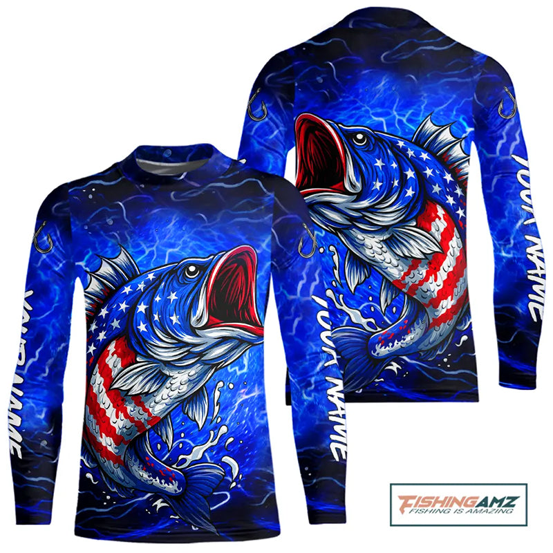 Blue American Flag Largemouth Bass Fishing Long Sleeve Shirt For Kid Custom patriotic fishing apparel NQS11060