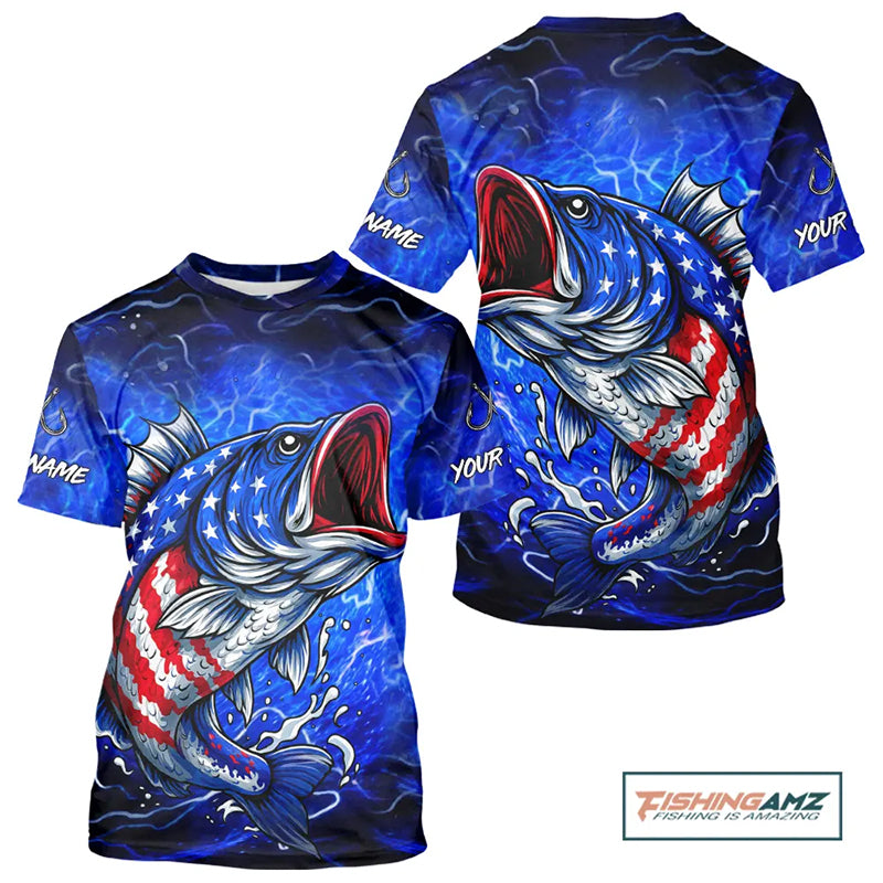 Blue American Flag Largemouth Bass Fishing T-shirts Custom patriotic fishing apparel NQS11060